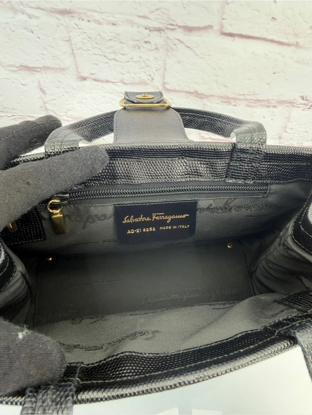Salvatore Ferragamo Black Lizard-Embossed Top-Handle Satchel Vintage